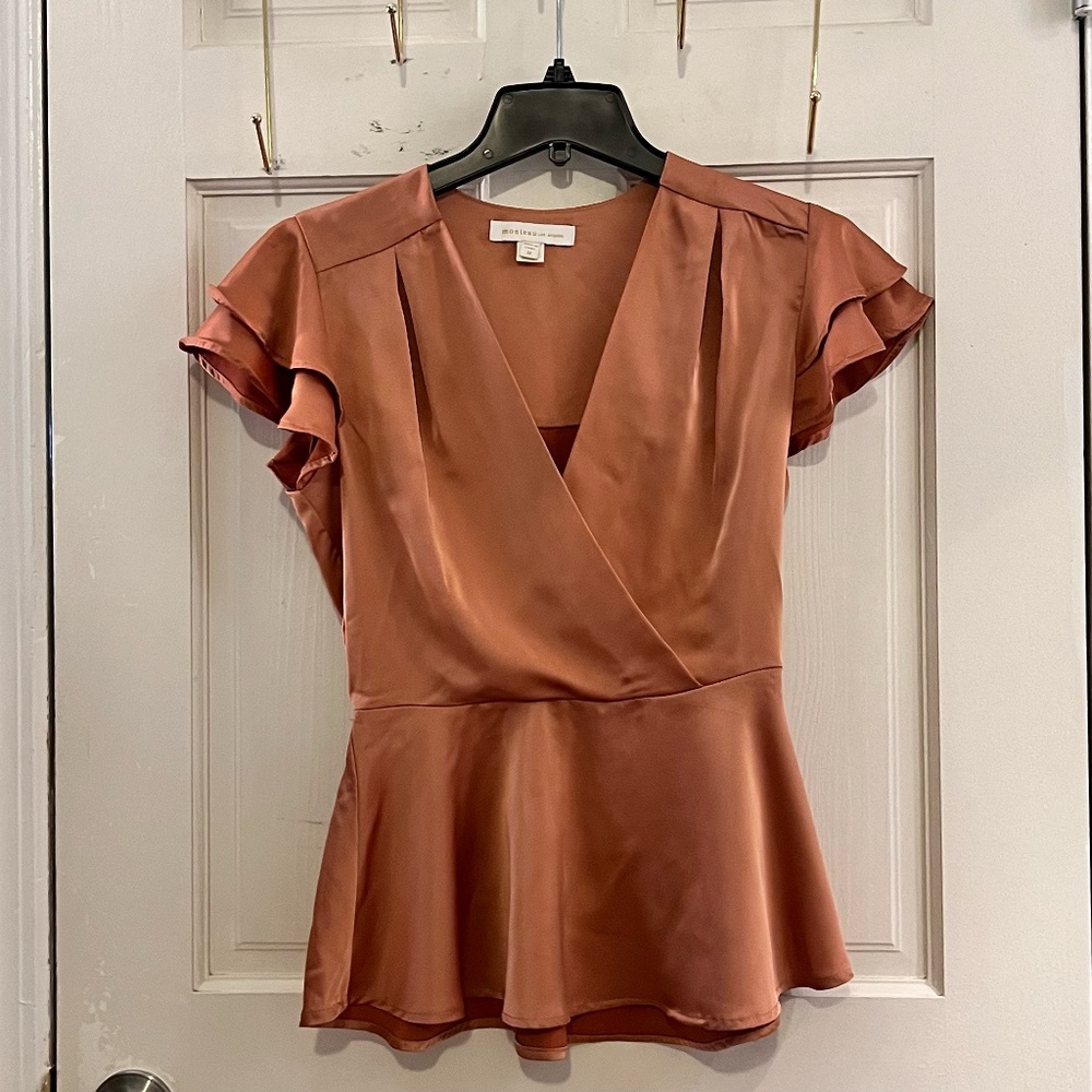 Women's Flutter Short Sleeve Babydoll Peplum Blouse V Neck Top Mauve/Coral